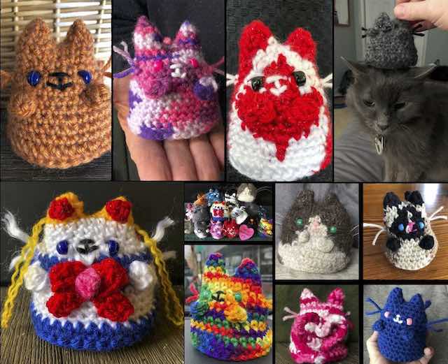 Collage of various kitty minis, including a single-color orange, one made to look like Sailor Moon, a tuxedo memorial cat made from real cat fur, one made to look like the Canadian flag, a pile of various kitty minis, and a grey fuzzy kitty mini resting on the head of a real grey cat | Kitten KaZoedle