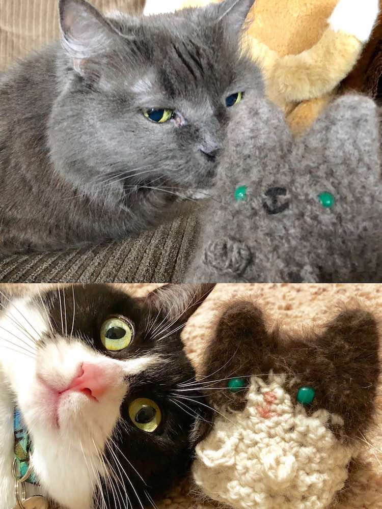 A split image.  On top: a grey cat sniffing a grey kitty mini made to look like her and from her fur.  On the bottom, a playful tuxedo cat lying next to a tuxedo kitty mini made to look like her and from her real fur. | Kitten KaZoedle