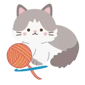 Cartoon cat sitting in front of a ball of yarn with a crochet hook | Kitten KaZoedle