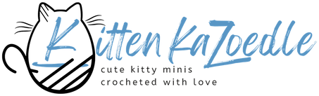 Kitten KaZoedle logo, with the tagline: cute kitty minis, crocheted with love